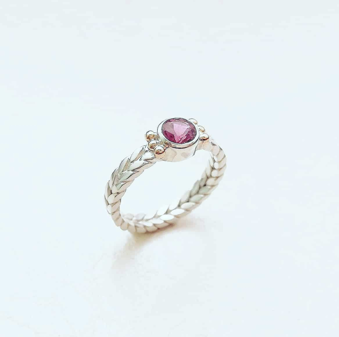 Tourmaline, silver and gold braid ring